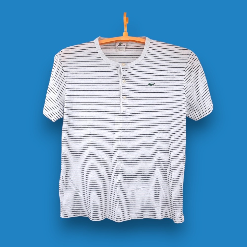 LACOSTE Henley Linen Blend T-Shirt MENS Size 6 US XL Blue White Striped SEE FLAW